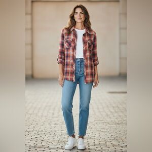 ANGIE Plaid Button Down Shirt Boho Western Lightweight Flannel Small